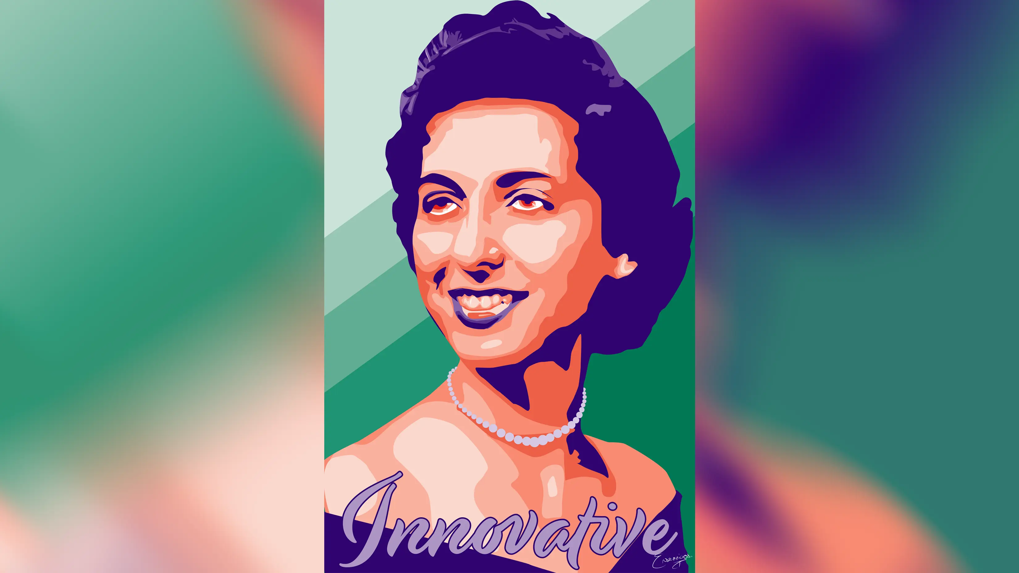 Vectorized portrait of a woman in shades of purple and orange with shades of green in the background.